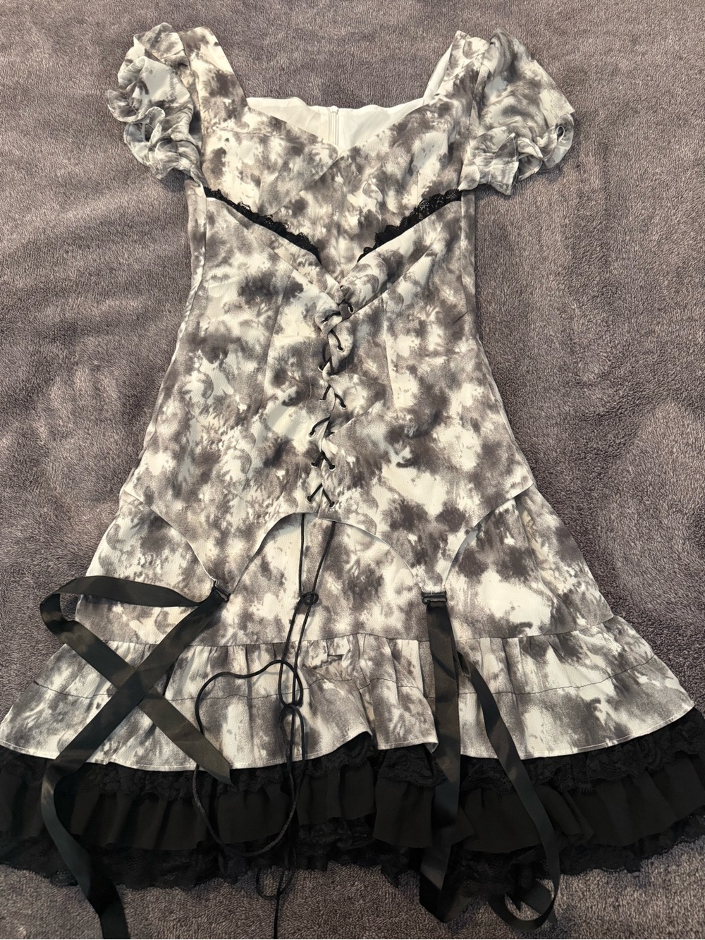 Gray & White Tie-Dye Lace-Up Mini Dress with Black Trim